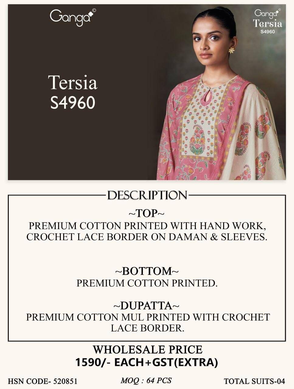 TERSIA 4960 By GANGA 4960a TO 4960d series Beautiful Festive Suits Stylish Colorful Fancy Casual Wear PREMIUM COTTON PRINTED Dresses At Wholesale Price